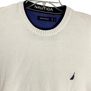 Nautica Pullover Sweater White Men's XL White Heavy Knit Logo Ribbed Preppy Boxy